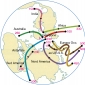 <em>Curve della «migrazione» apparente</em> del Polo nord magnetico, costruite in base all’analisi di rocce prelevate da diversi continenti.