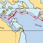 150 Ma fa: la Tètide si espande verso Ovest per l’apertura dei nuovi oceani Atlantico centrale (AC) e Ligure-piemontese (L). S = futura Spagna.